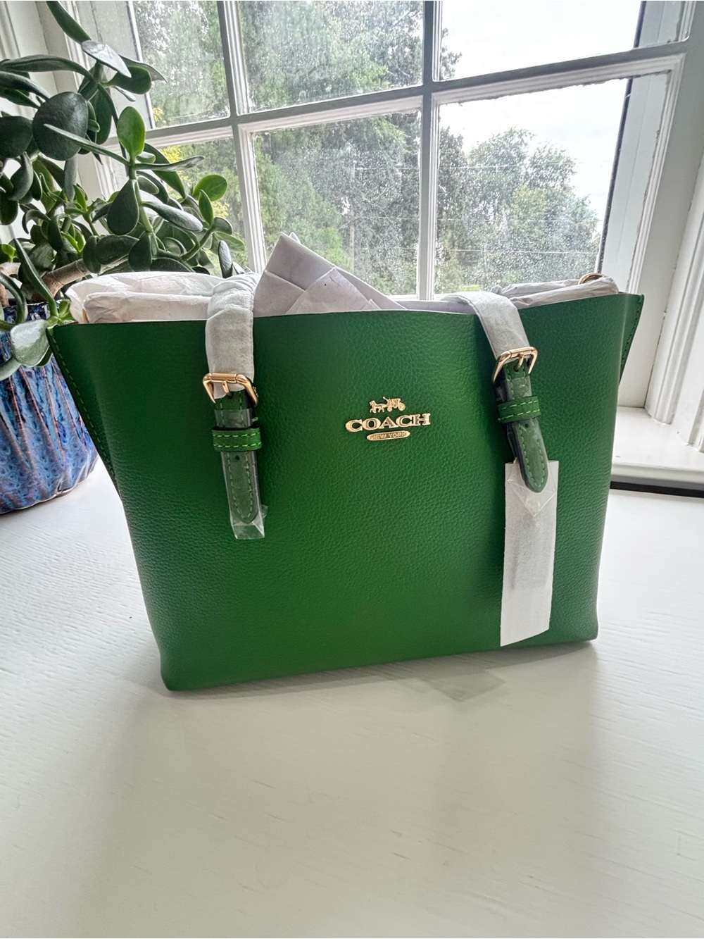 Coach Green Leather Tote with Gold Logo Hardware